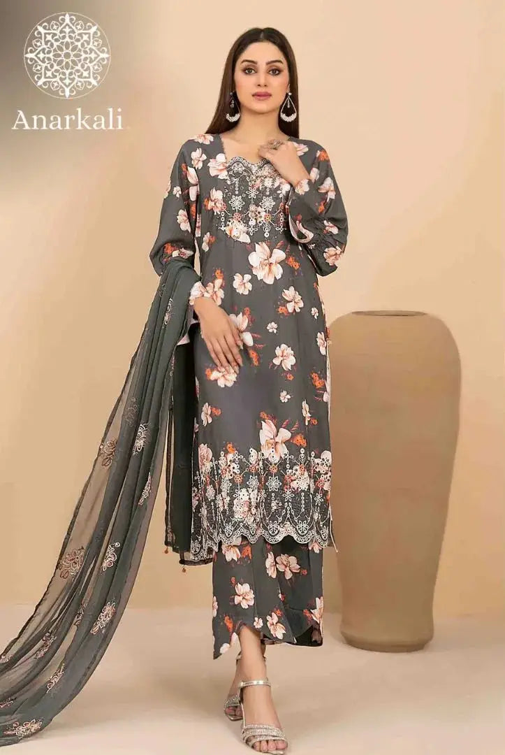 Avizeh Embroidered 3 Piece Stitched Suit (Grey)