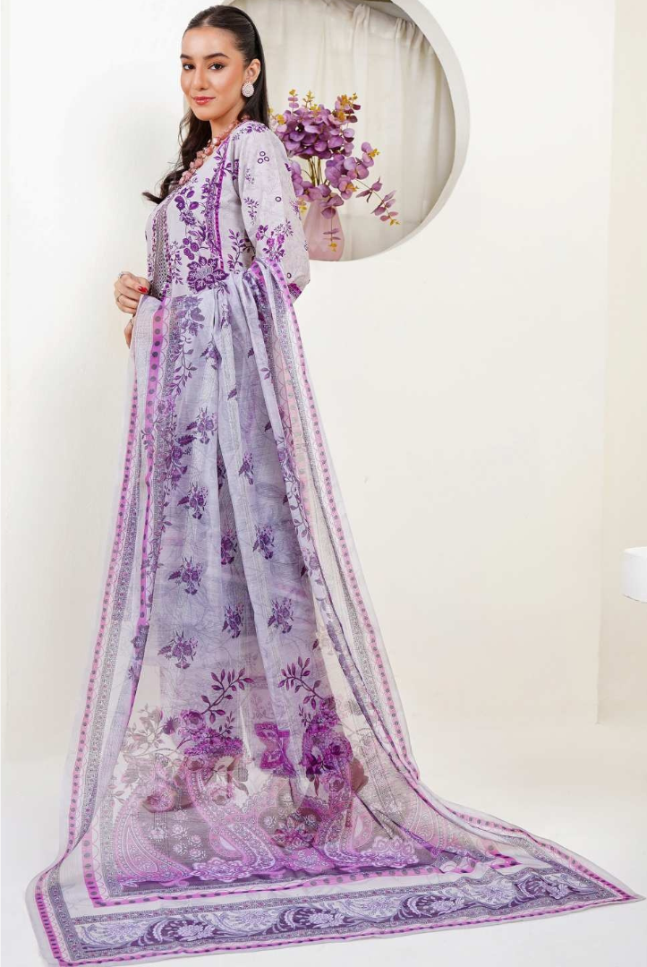 3 Piece Stitched Digital Printed Embroidered Lawn Suit From Zara '25 Collection - PURPLE GOWN