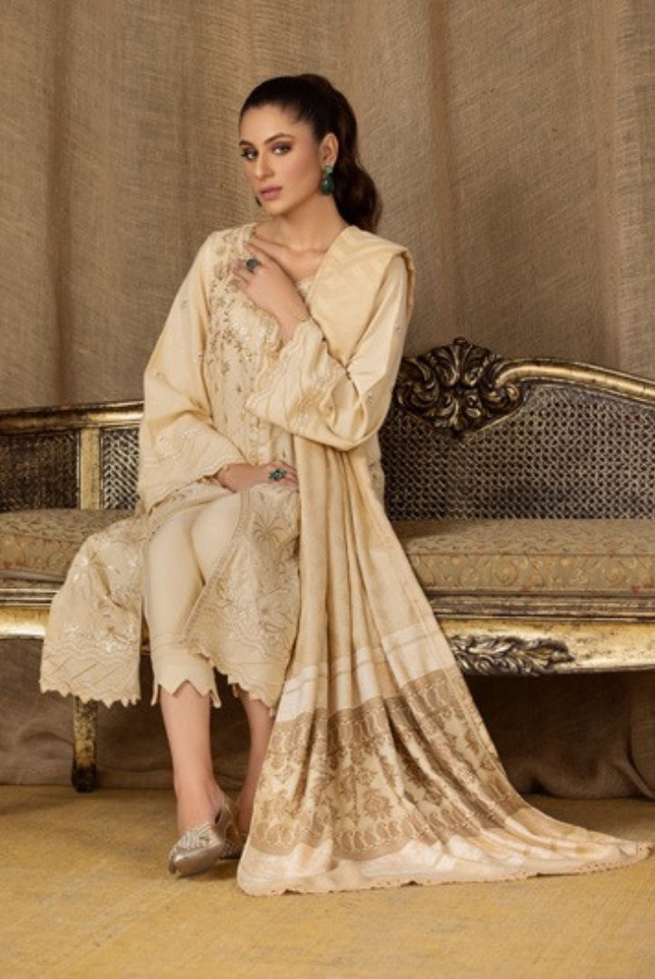Tehzeeb By Riaz Arts Embroidered Leather Peach With Velvet Shawl Suits Collection - 01