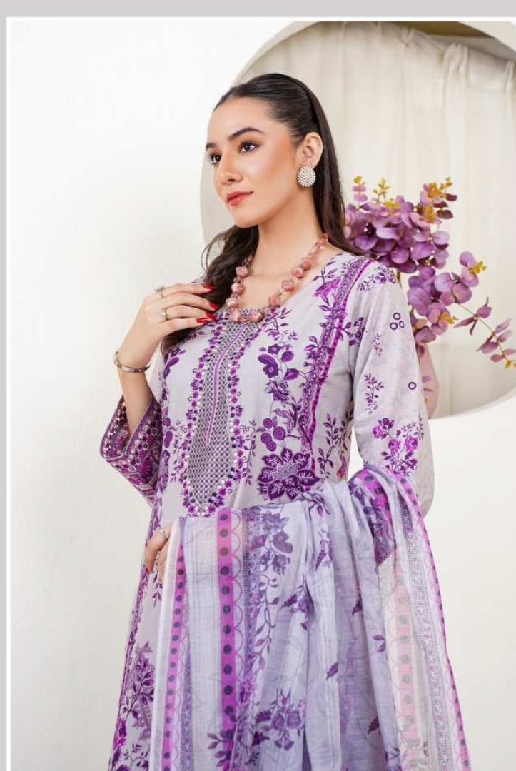 3 Piece Stitched Digital Printed Embroidered Lawn Suit From Zara '25 Collection - PURPLE GOWN