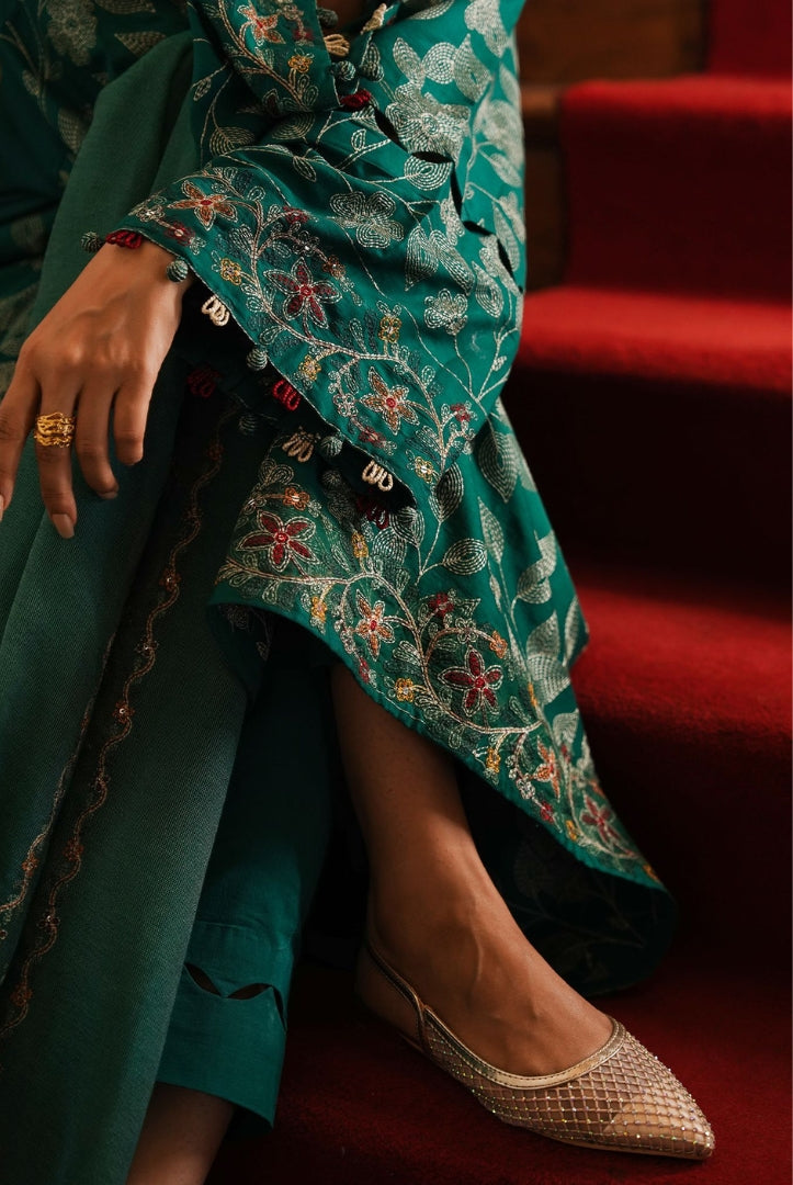 3 Piece Stitched Cotton Embroidered Suit From Satin Deluxe By Cross Stitch - Verdant Haven