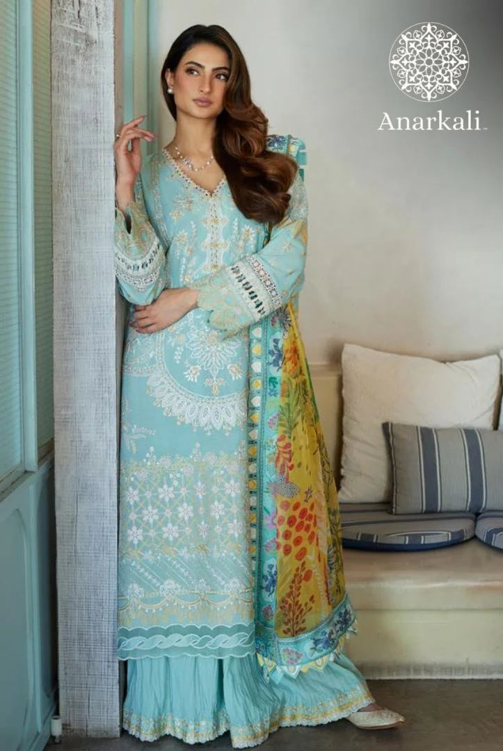 Liliana Luxury Lawn 24 Galina Faiza Saqlain 3 piece Stitched Suit (Sky Blue)