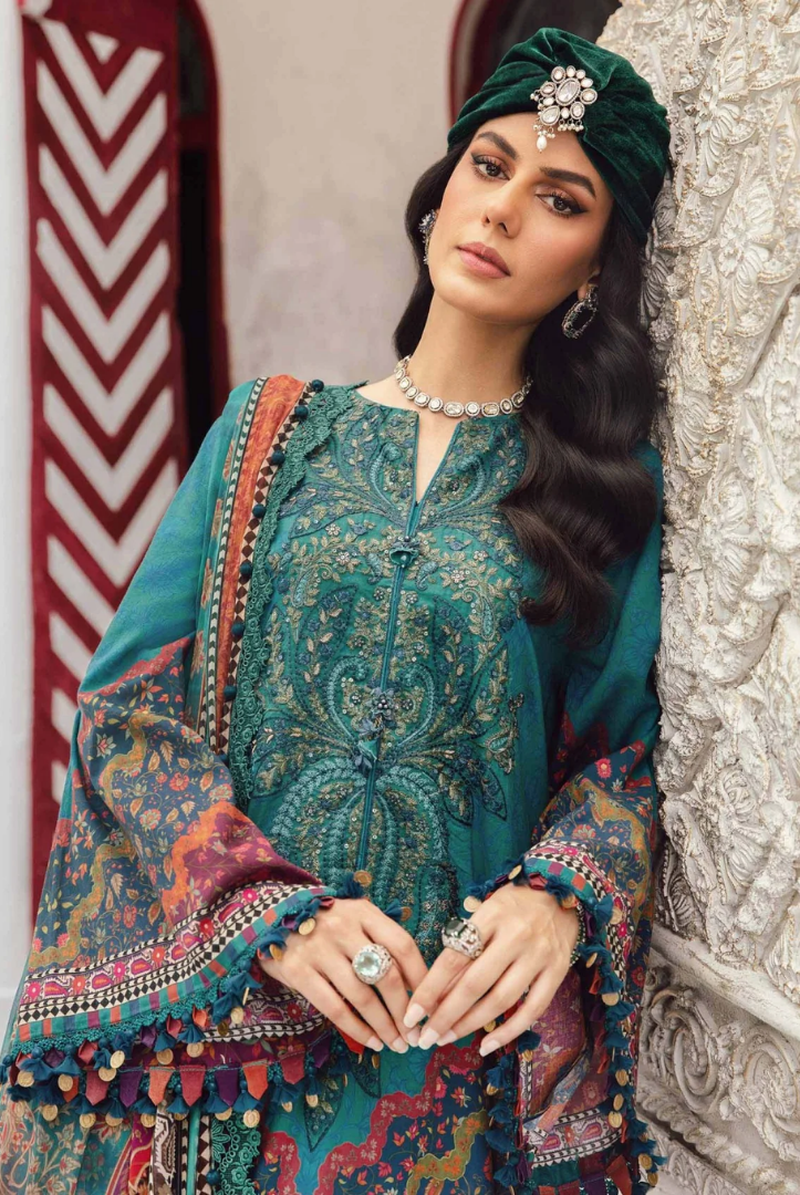 3 Piece Stitched Embroidered Linen Rani Mahal by Maria B M prints Fall Edit'25 Winter Collection MB25FE-10B