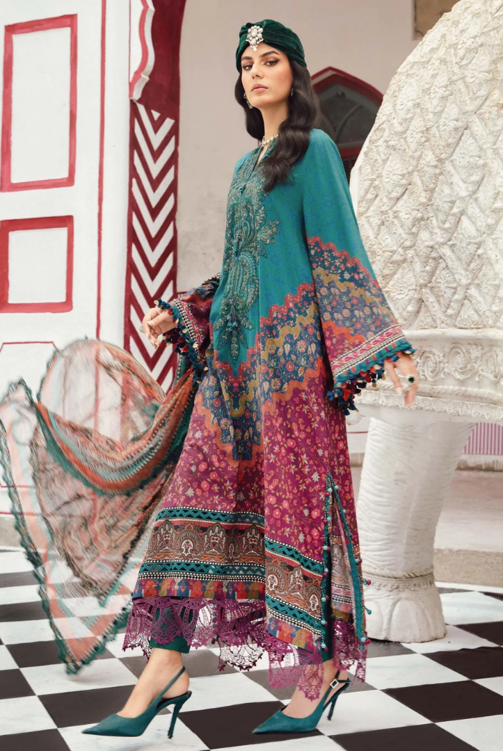 3 Piece Stitched Embroidered Linen Rani Mahal by Maria B M prints Fall Edit'25 Winter Collection MB25FE-10B