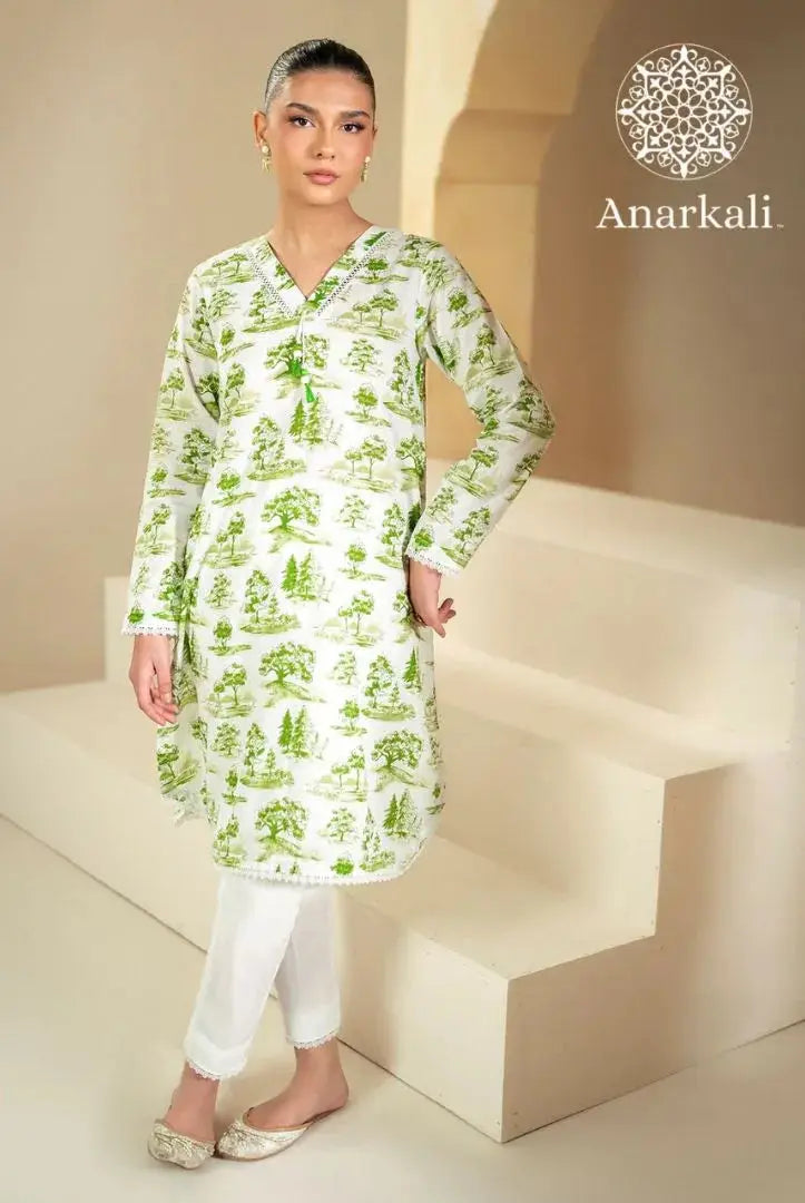 Cross Stitched Daily 2Piece Stitched Suit(Green & White)