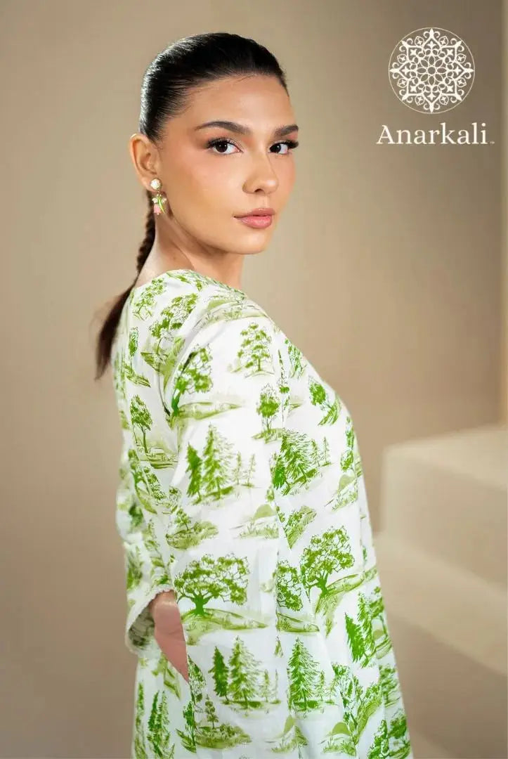 Cross Stitched Daily 2Piece Stitched Suit(Green & White)