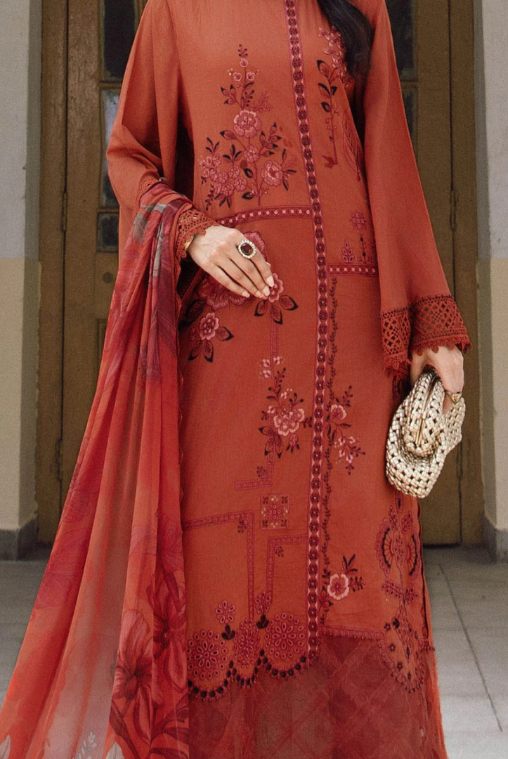 3 Piece Stitched Embroidered Linen Rani Mahal by Maria B M prints Fall Edit'25 Winter Collection MB25FE-1B