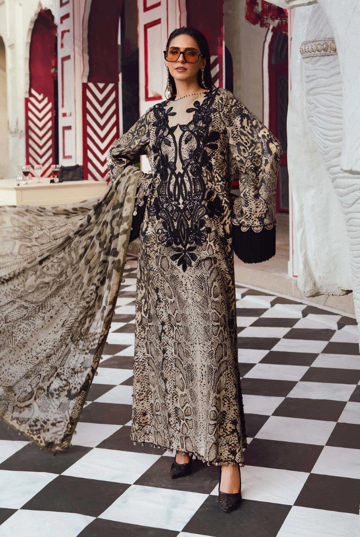 3 Piece Stitched Embroidered Linen Rani Mahal by Maria B M prints Fall Edit'25 Winter Collection MB25FE-2B