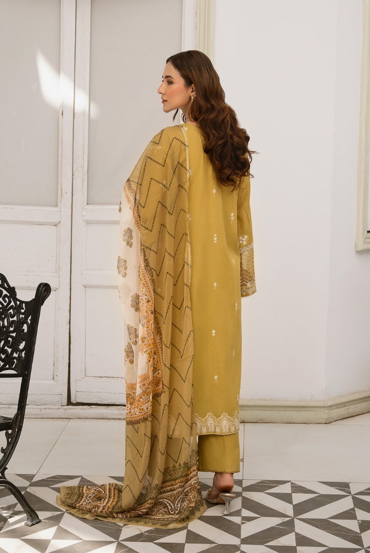 Inej By Usama Sidhu 3 Piece Stitched Embroidered Lawn Suit - Olive