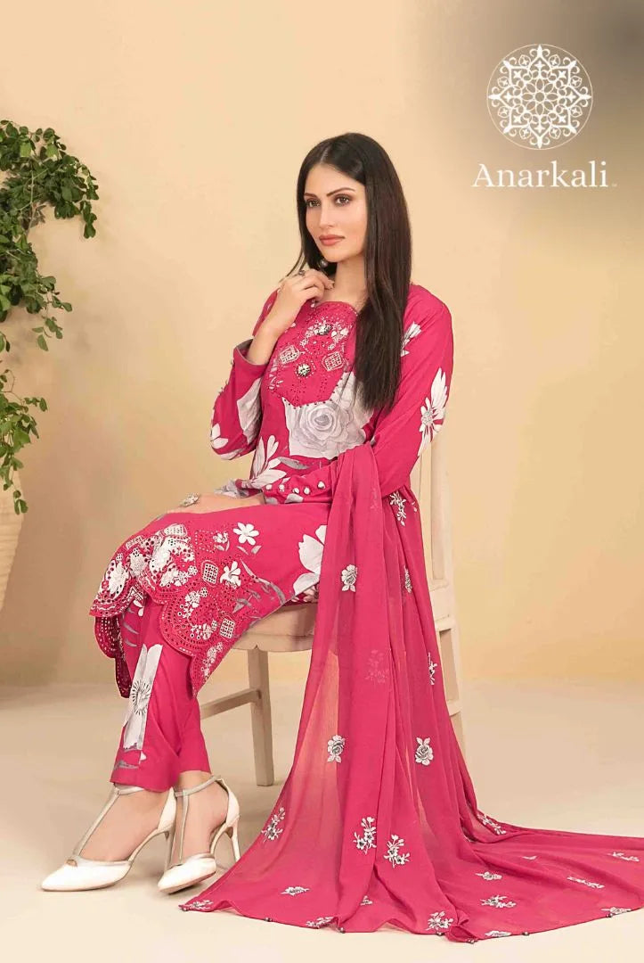 Avizeh Embroidered 3 Piece Stitched Suit (Dark Pink)
