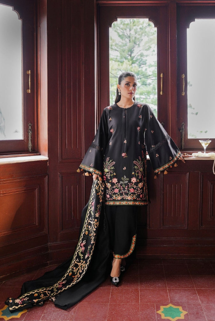 3 Piece Stitched Cotton Embroidered Suit From Satin Deluxe By Cross Stitch - Raven Blossom