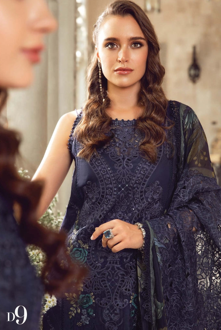 3 Piece Stitched Luxury Embroidered Lawn Eid Collection By Maria.B - Navy Blue