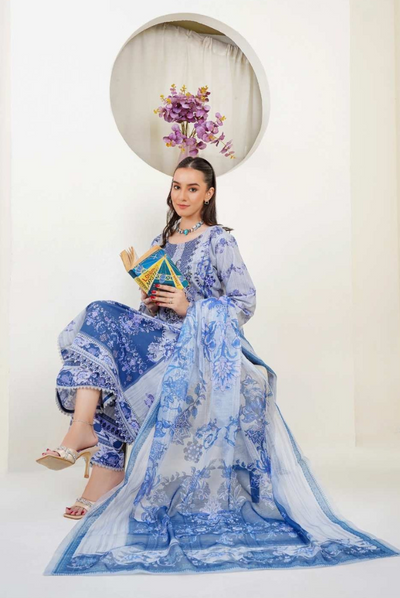 3 Piece Stitched Digital Printed Embroidered Lawn Suit From Zara '25 Collection - SONIC BLUE