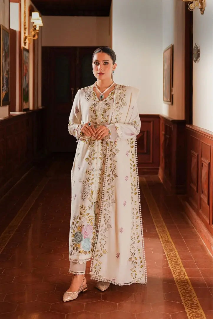 3 Piece Stitched Cotton Embroidered Suit From Satin Deluxe By Cross Stitch - Ivory Garden