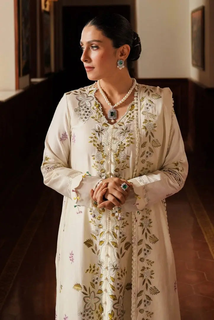 3 Piece Stitched Cotton Embroidered Suit From Satin Deluxe By Cross Stitch - Ivory Garden