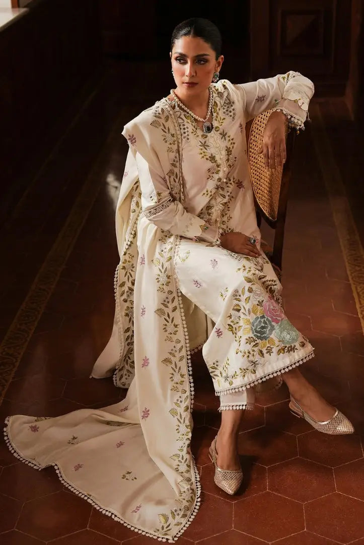 3 Piece Stitched Cotton Embroidered Suit From Satin Deluxe By Cross Stitch - Ivory Garden