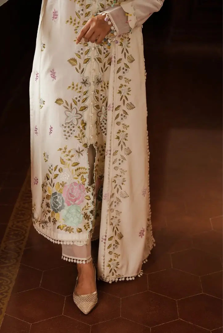 3 Piece Stitched Cotton Embroidered Suit From Satin Deluxe By Cross Stitch - Ivory Garden