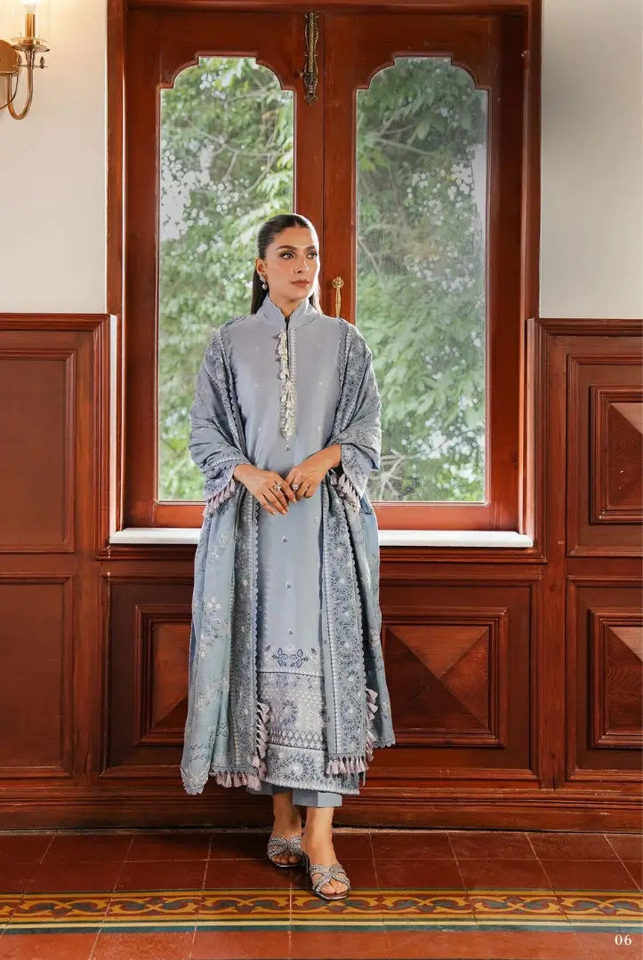 3 Piece Stitched Cotton Embroidered Suit From Satin Deluxe By Cross Stitch - Serenity Blue