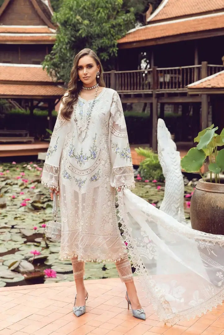3 Piece Stitched Luxury Embroidered Lawn Eid Collection By Maria.B - Off White