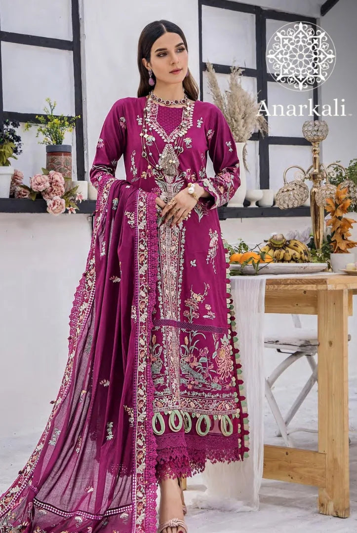Eshaisha Festive Lawn Embroidered Collection 3Piece Stitched Suit (Purple)