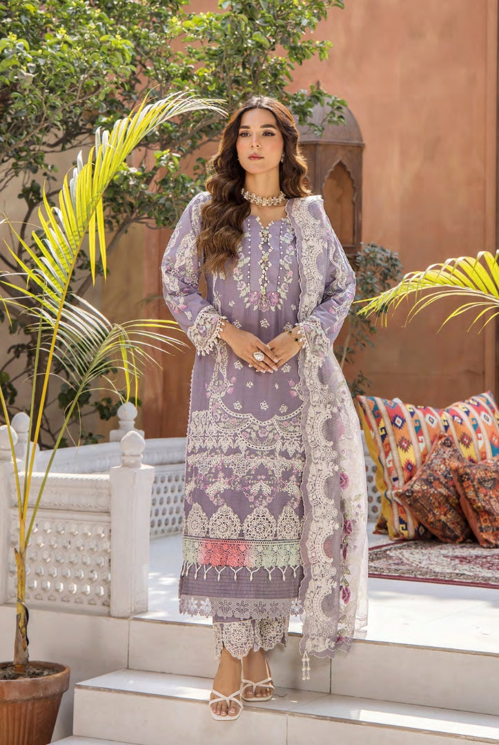 3 Piece Stitched Luxury Lawn Embroidered Suits Collection By Eshaisha - LILAC WHISPER
