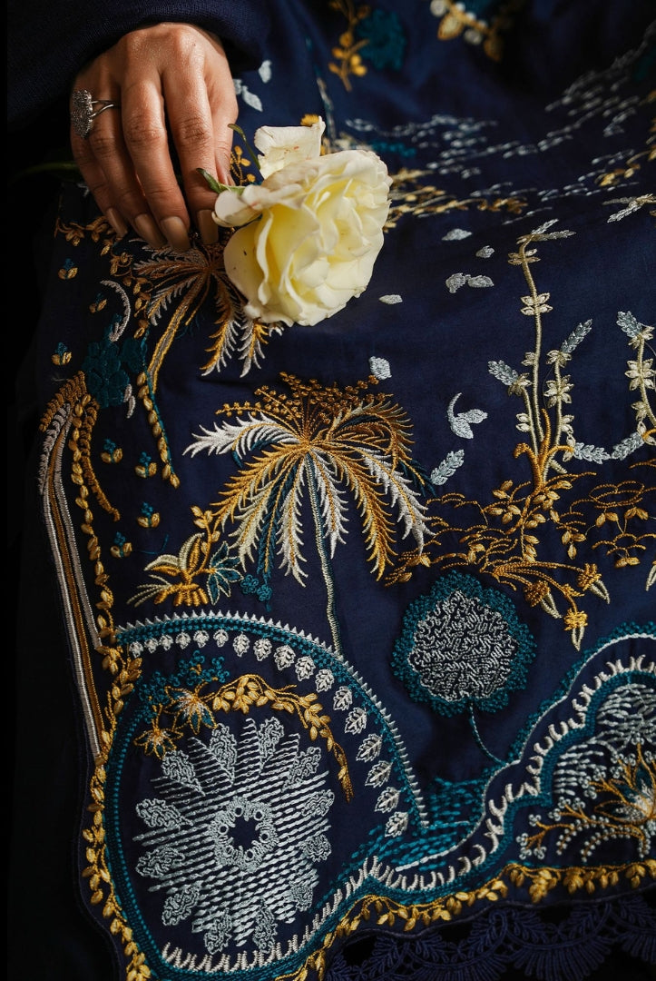 3 Piece Stitched Cotton Embroidered Suit From Satin Deluxe By Cross Stitch - Celestial Navy