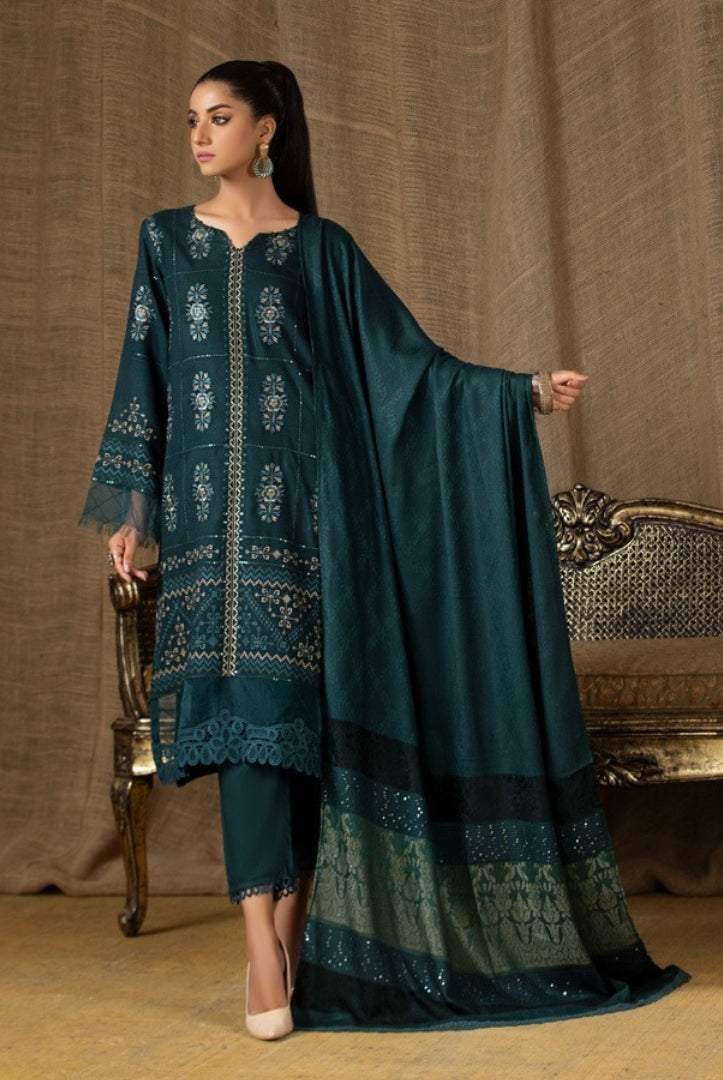 Tehzeeb By Riaz Arts Embroidered Leather Peach With Velvet Shawl Suits Collection - 05