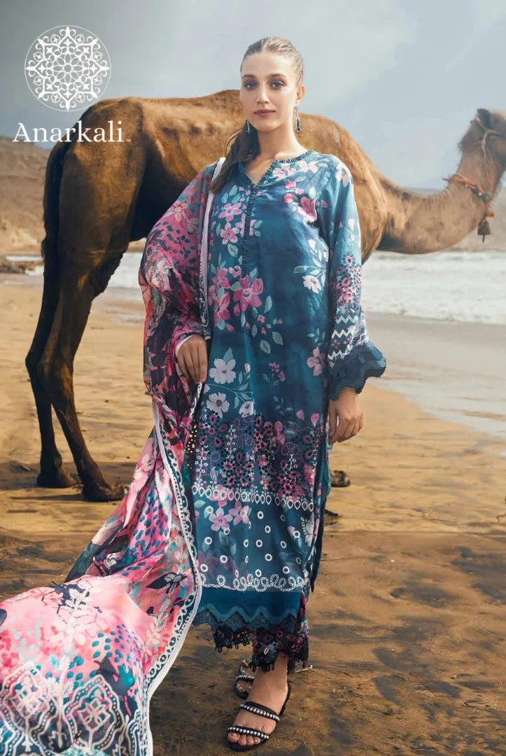 Nureh Gardenia Embroidered Chikankari Collection 3Piece Stitched Suit (Teal)