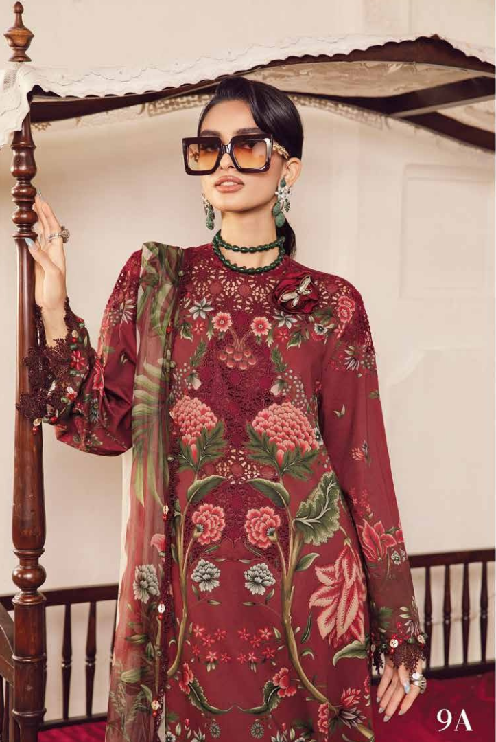 3 Piece Stitched Embroidered Linen Rani Mahal by Maria B M prints Fall Edit'25 Winter Collection MB25FE-9A