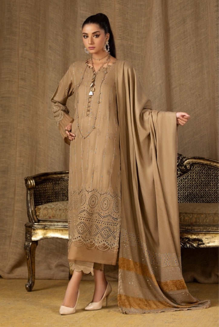 Tehzeeb By Riaz Arts Embroidered Leather Peach With Velvet Shawl Suits Collection - 06