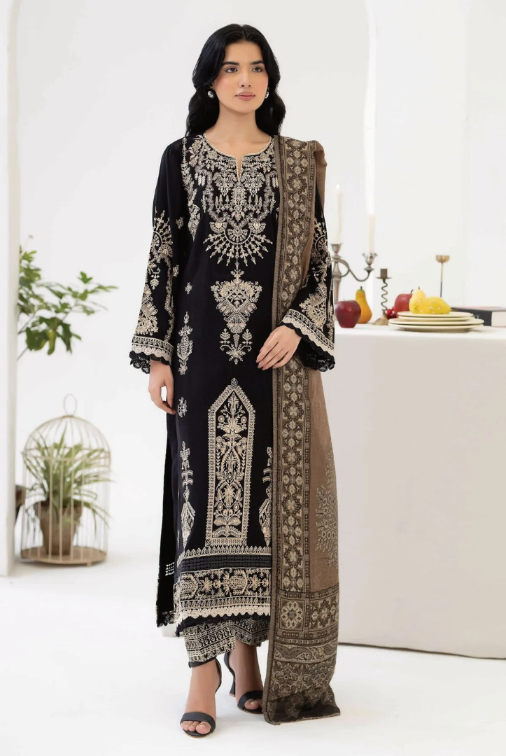 3 Piece Stitched EMBROIDERED PEACH LEATHER WITH PURE JECQUARD WOOL SHAWL ZEINA by JOHRA JW-370