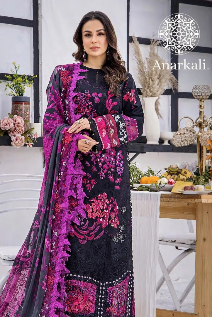 Eshaisha Festive Lawn Embroidered Collection 3Piece Stitched Suit(Black & Purple)