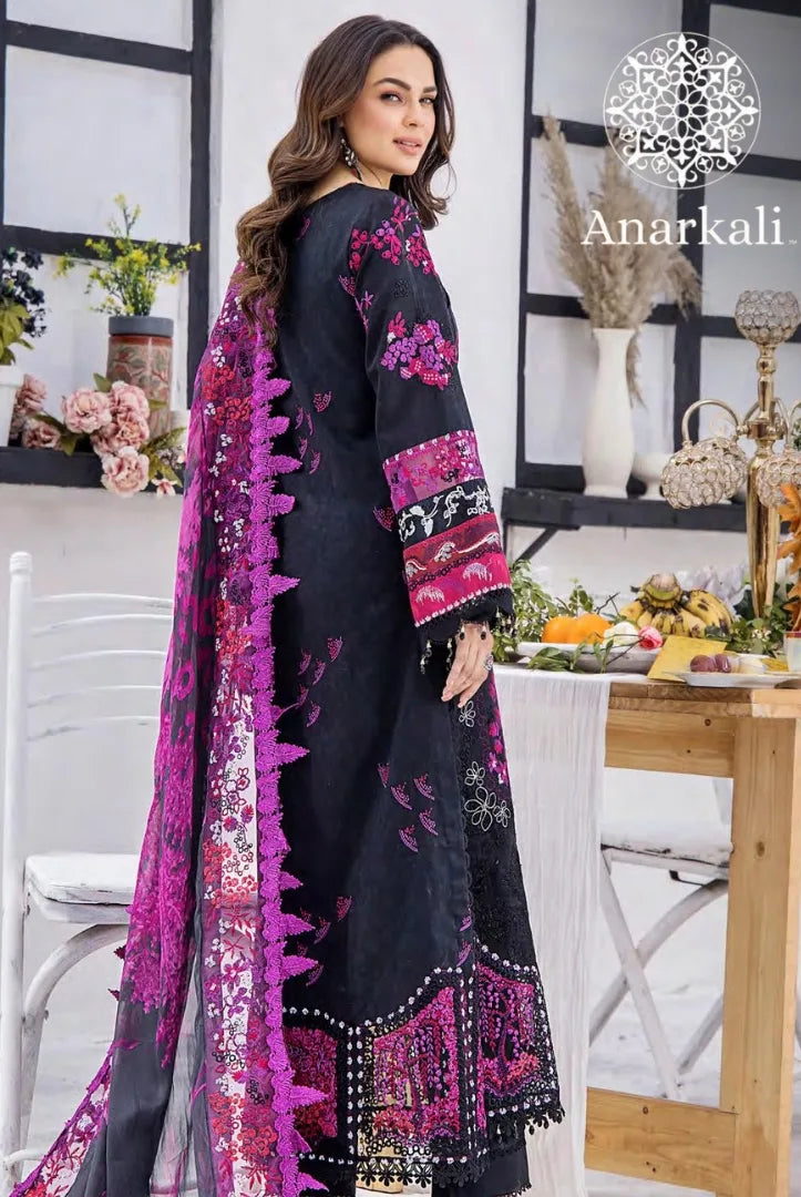 Eshaisha Festive Lawn Embroidered Collection 3Piece Stitched Suit(Black & Purple)