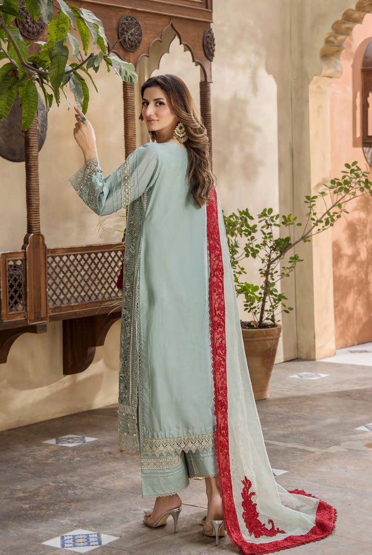 3 Piece Stitched Luxury Lawn Embroidered Suits Collection By Eshaisha - MINT ROYALE