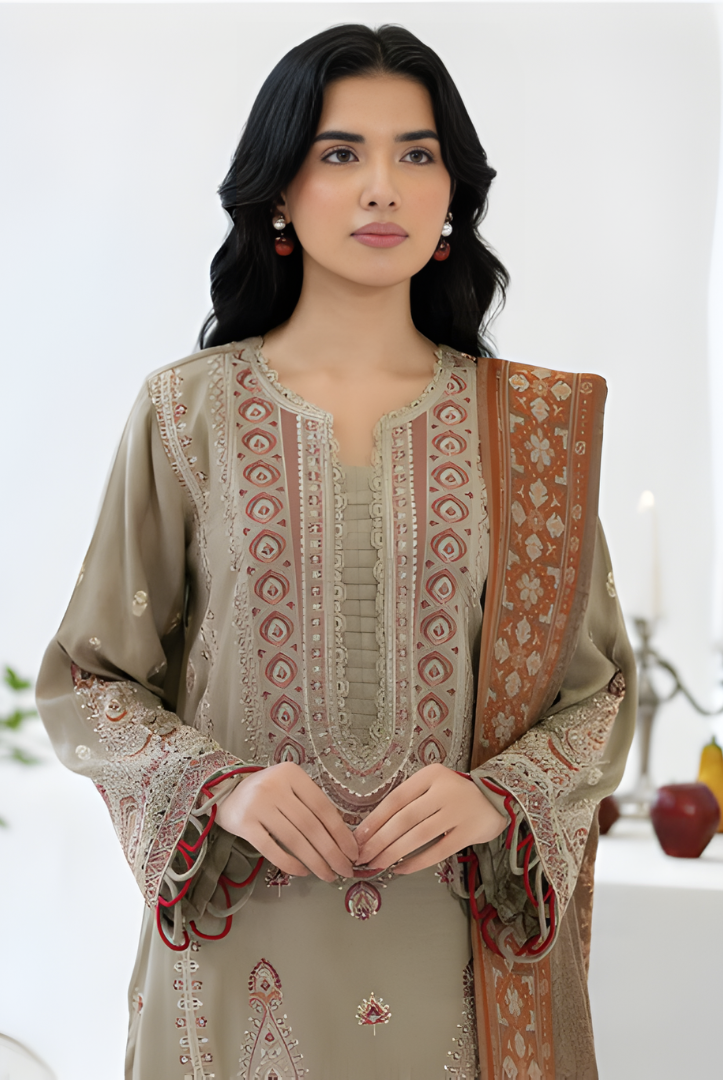 3 Piece Stitched EMBROIDERED PEACH LEATHER WITH PURE JECQUARD WOOL SHAWL ZEINA by JOHRA JW-372