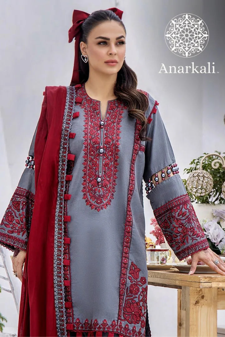 Eshaisha Festive Lawn Embroidered Collection 3Piece Stitched Suit (Maroon & Grey)