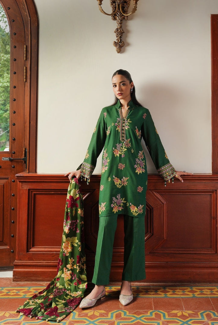 3 Piece Stitched Cotton Embroidered Suit From Satin Deluxe By Cross Stitch - Green Oasis