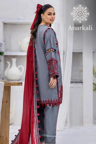 Eshaisha Festive Lawn Embroidered Collection 3Piece Stitched Suit (Maroon & Grey)