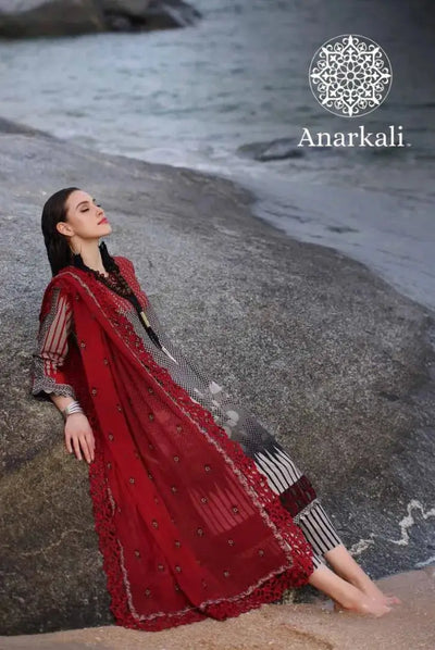 Charizma Printed Lawn with  Embroidered Chiffon  Dupatta 3piece Stitched Suit - 04