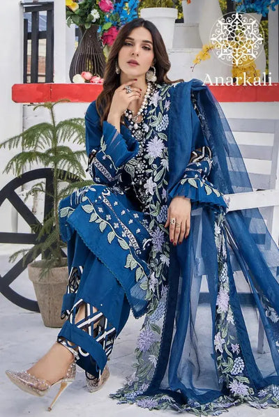 Eshaisha Festive Lawn Embroidered Collection 3Piece Stitched Suit (Blue)