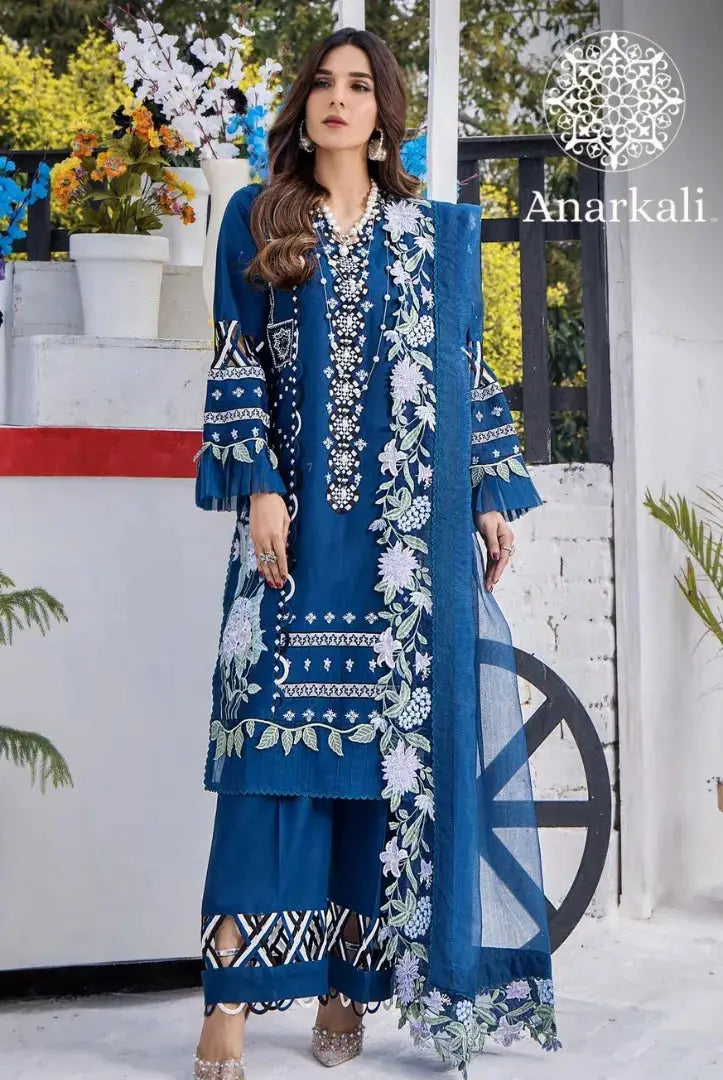 Eshaisha Festive Lawn Embroidered Collection 3Piece Stitched Suit (Blue)