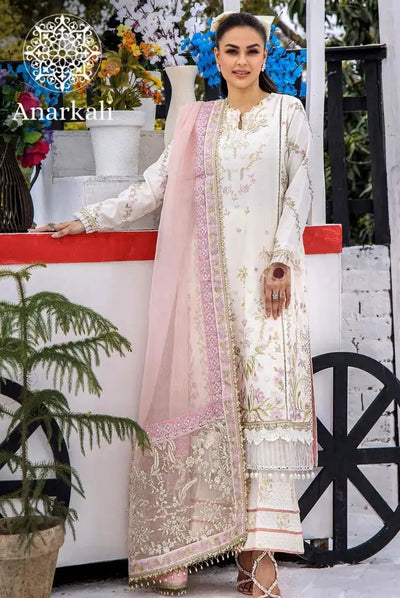 Eshaisha Festive Lawn Embroidered Collection 3Piece Stitched Suit (Off White)