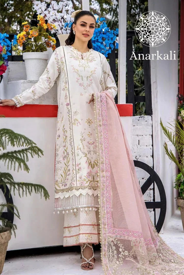 Eshaisha Festive Lawn Embroidered Collection 3Piece Stitched Suit (Off White)