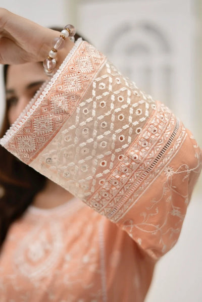 Inej By Usama Sidhu 3 Piece Stitched Embroidered Lawn Suit - Peach