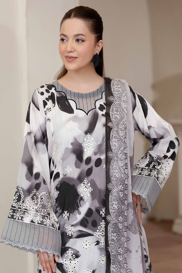 3 Piece Stitched EMBROIDERED+PRINTED STAPPLE SLUB WITH PRINTED CHIFFON Collection'25 From JOHRA AZIR JW-185