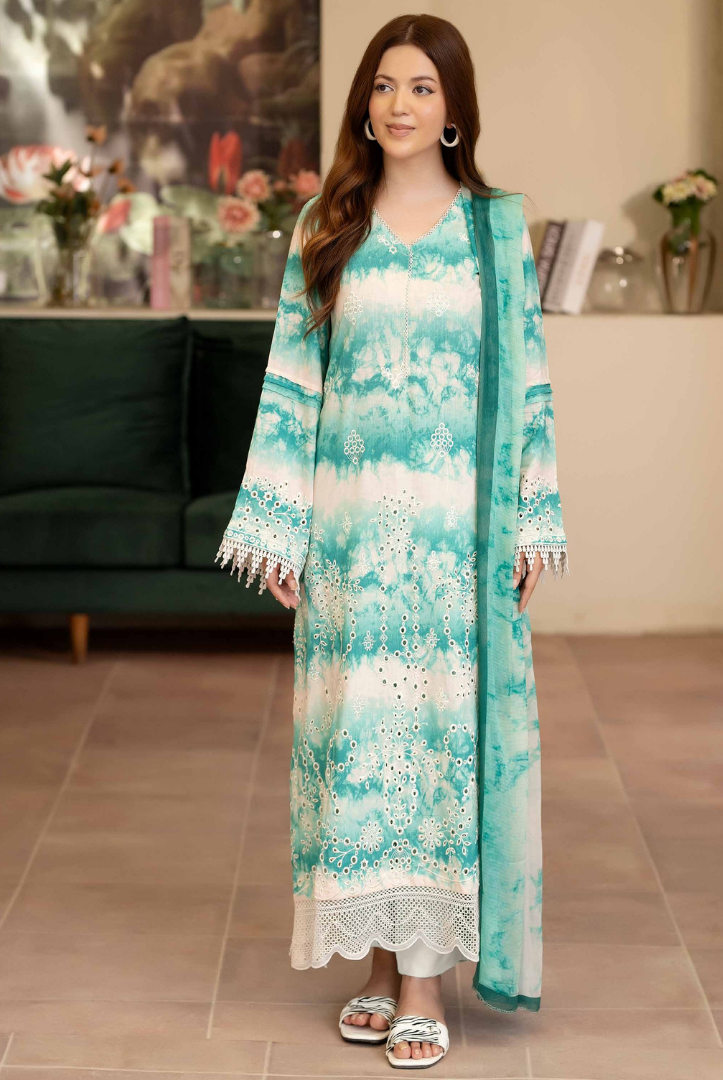 Discover JOHRA Winter 2025: 3-piece stitched embroidered + printed Staple Slub suit with printed chiffon shawl, shirt, trouser & dupatta.