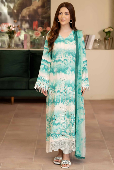 Discover JOHRA Winter 2025: 3-piece stitched embroidered + printed Staple Slub suit with printed chiffon shawl, shirt, trouser & dupatta.