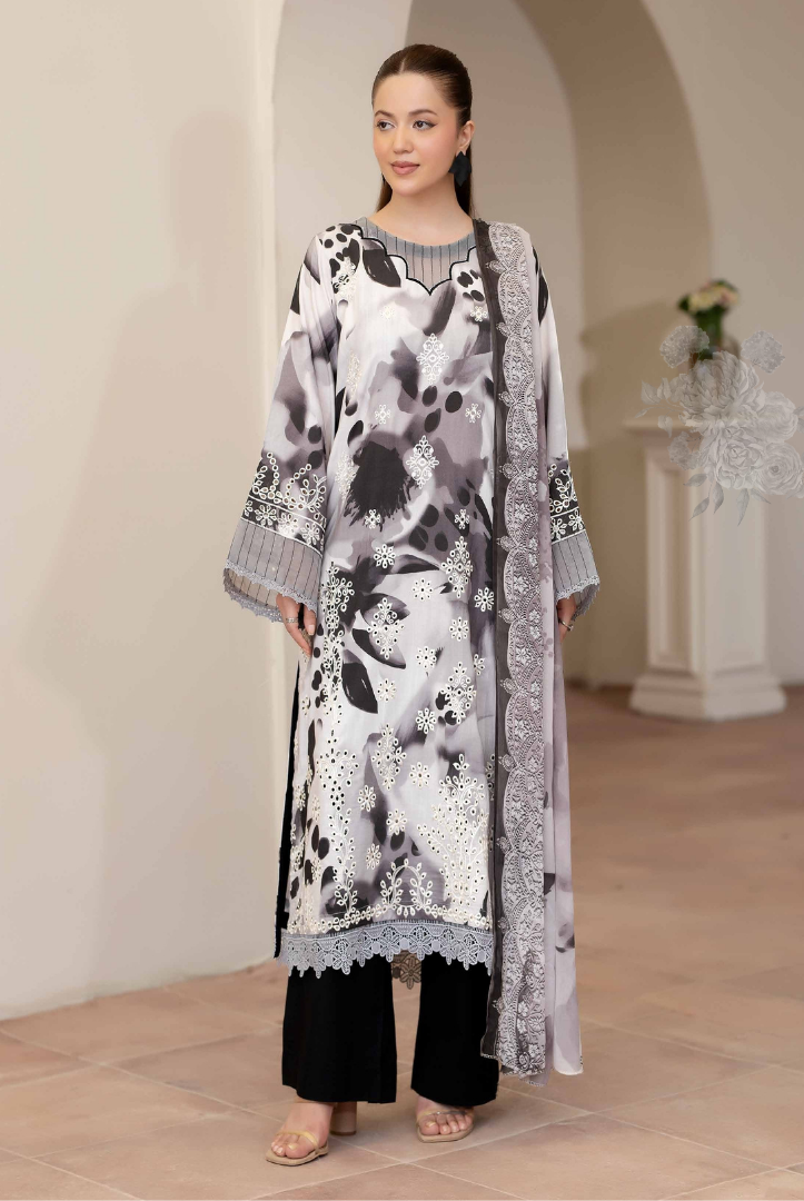 3 Piece Stitched EMBROIDERED+PRINTED STAPPLE SLUB WITH PRINTED CHIFFON Collection'25 From JOHRA AZIR JW-185