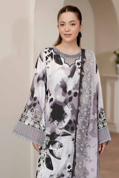 3 Piece Stitched EMBROIDERED+PRINTED STAPPLE SLUB WITH PRINTED CHIFFON Collection'25 From JOHRA AZIR JW-185