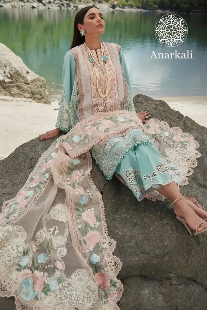 MEDLEY OF LACE - CRIMSON X SAIRA SHAKIRA LUXURY LAWN - SKIN & LIGHT BLUE